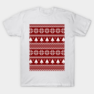 Dark Christmas Candy Apple Red Nordic Trees Stripe in White T-Shirt